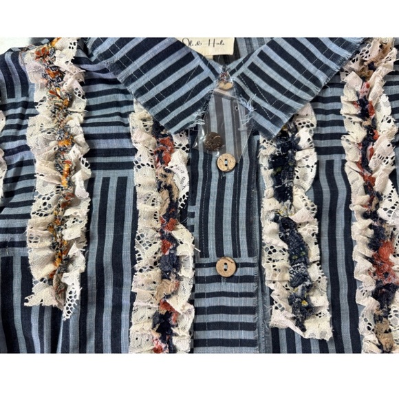 Oli & Hali Blue Ruffle Contrast Detail Striped Button Down Shirt - Picture 2 of 2